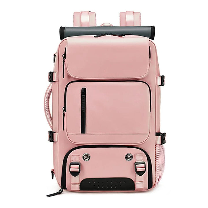 Rugged travel backpack with laptop space, shoe section, & USB port for adventurous travelers.