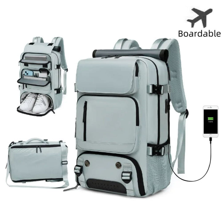 Versatile unisex travel backpack featuring a padded laptop compartment & separate shoe storage.