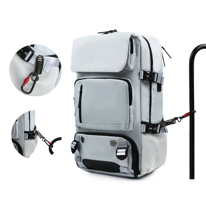 Stylish black travel backpack with USB charge port, perfect for work, school, or weekend getaways.
