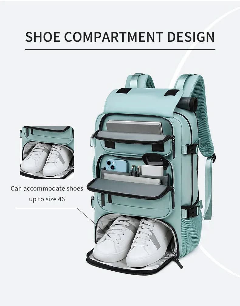 Water-resistant travel backpack for men & women, offering laptop and shoe compartments.