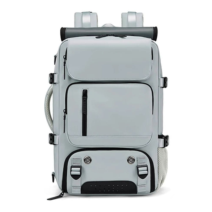 Large capacity travel backpack featuring a USB charging port & separate shoe compartment.