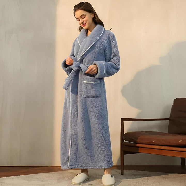 Unisex warm fleece comfort shawl robe, perfect for cozy lounge wear in winter
