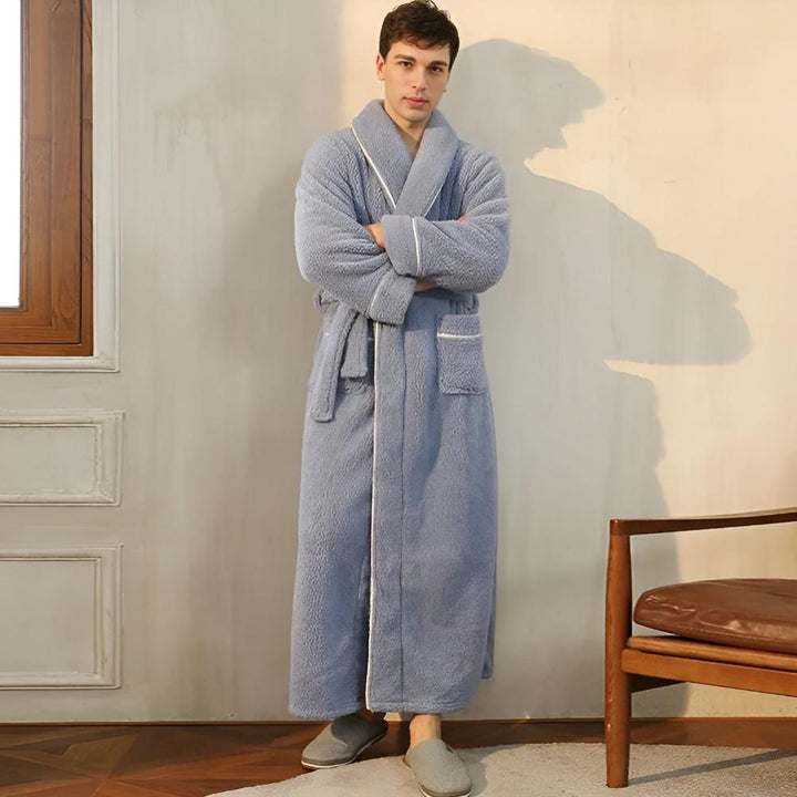 Soft coral fleece bathrobe with shawl collar for ultimate comfort and warmth
