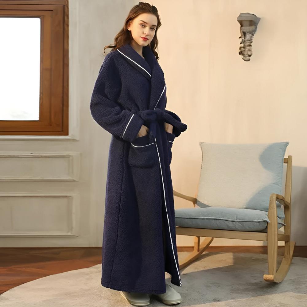 Cozy unisex fleece robe with a classic shawl collar, ultimate sleepwear comfort