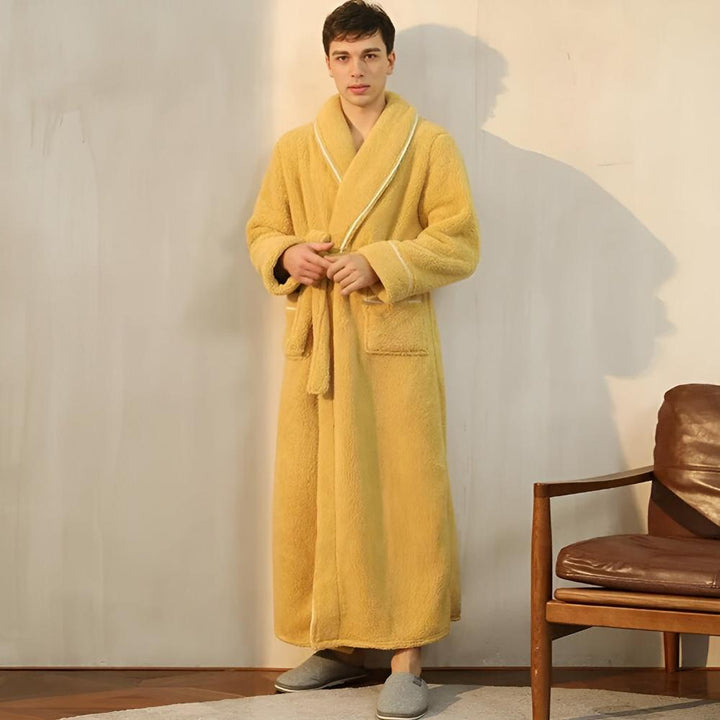Winter essential unisex fleece robe, offering warmth and soft comfort with shawl collar