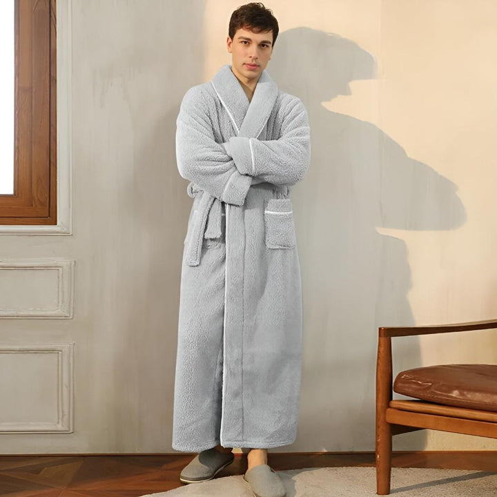 Luxurious warm fleece comfort robe with a stylish shawl collar for cooler nights