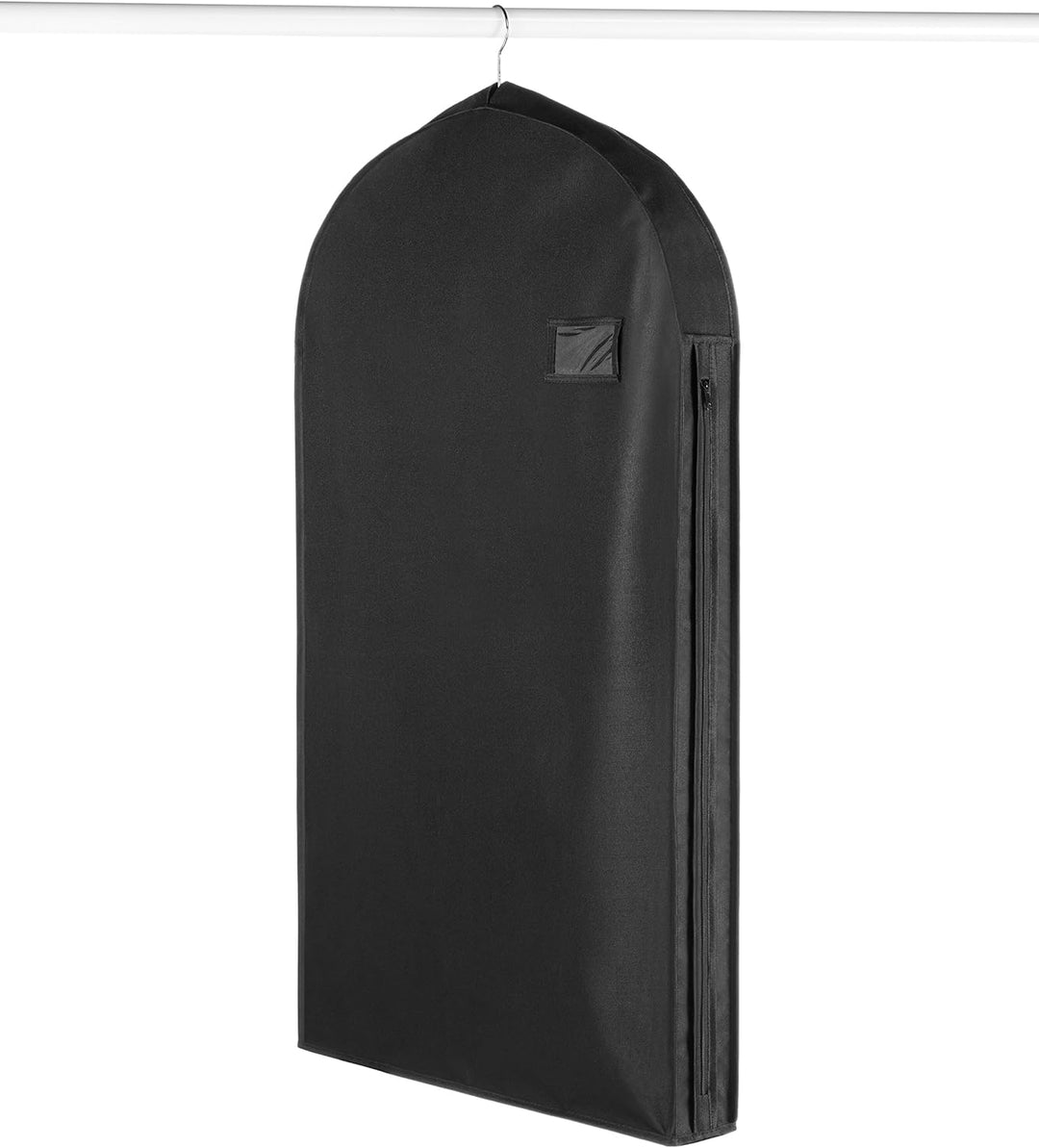 Unisex water-repellent zippered garment bag for travel with accessory pocket. Protects clothing.