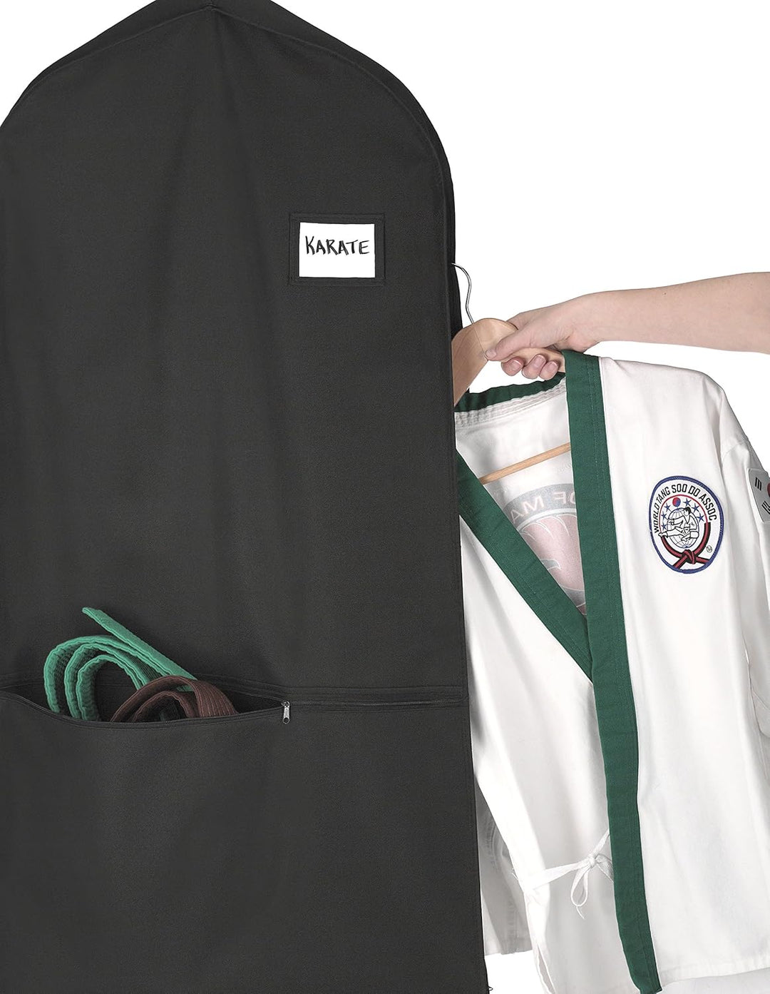 Versatile clothing storage solution: Water-repellent zippered garment bag with an accessory pocket for travel.