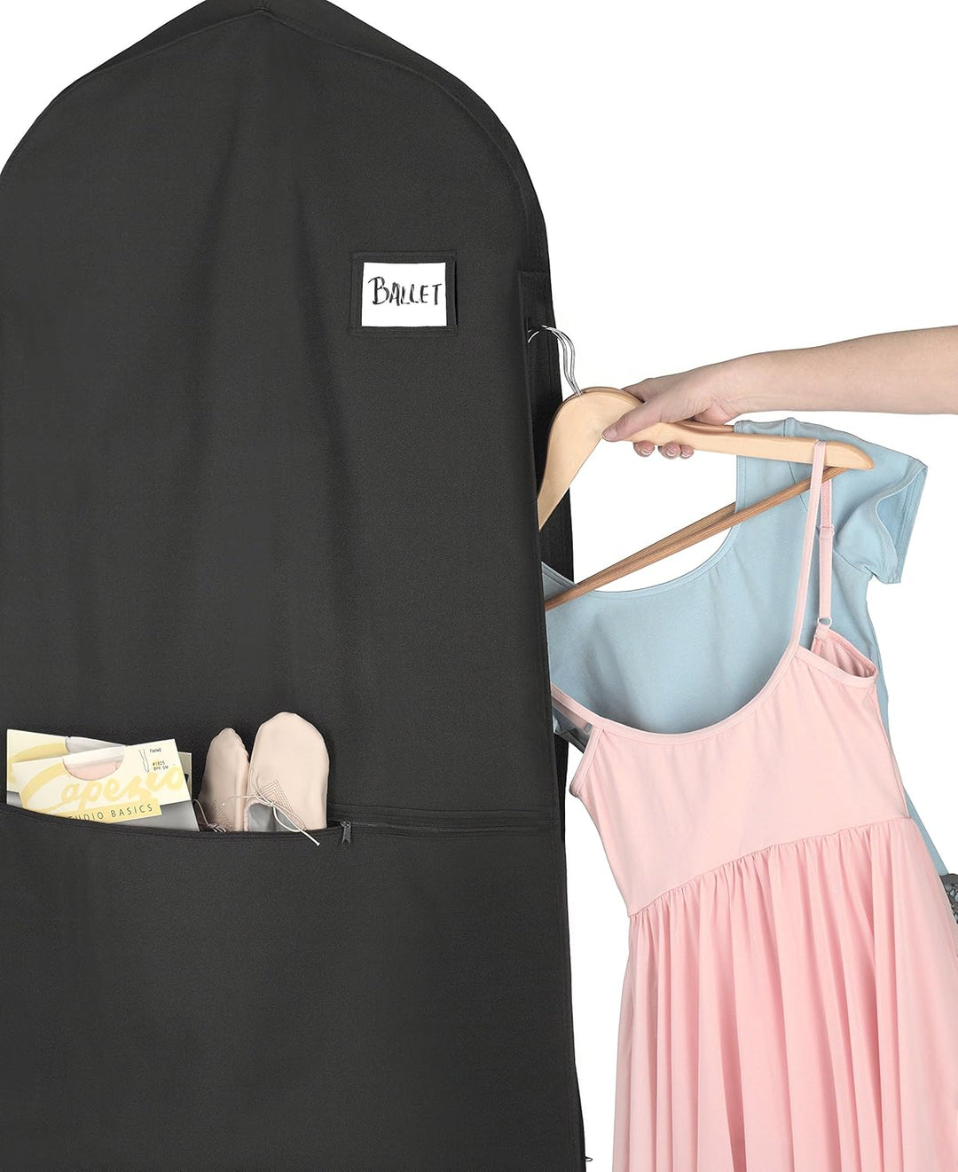 Durable water-repellent garment bag for travel, zippered for secure clothing protection, includes accessory pocket.