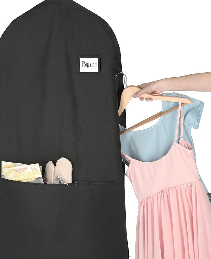 Durable water-repellent garment bag for travel, zippered for secure clothing protection, includes accessory pocket.