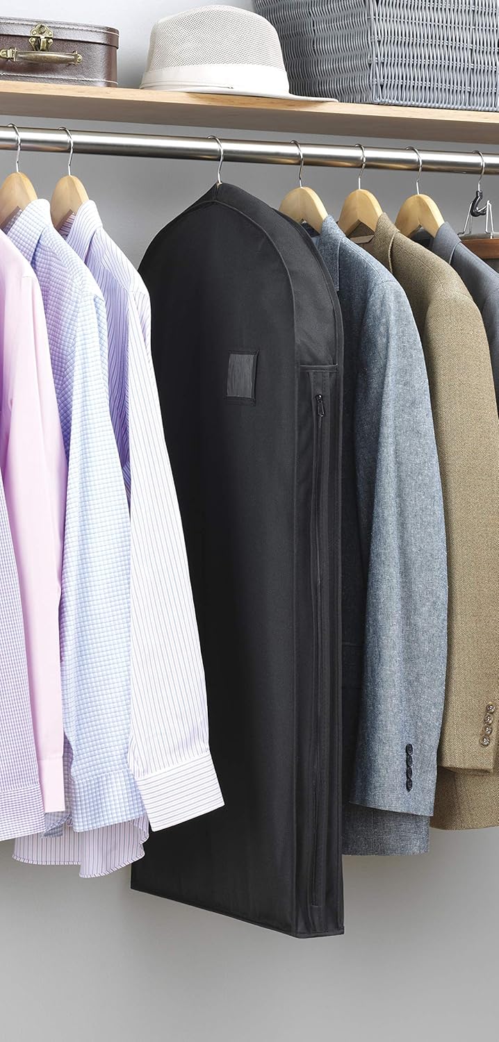 Sleek black unisex garment bag. Water-repellent fabric, full zipper, and an accessory pocket for organized storage.