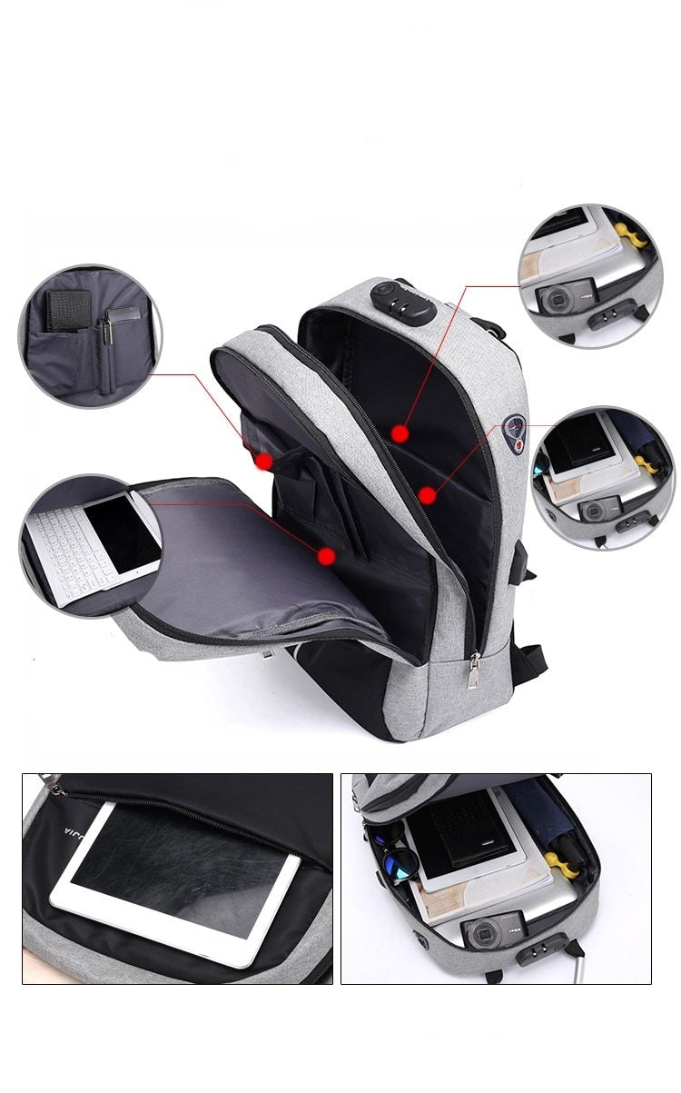 Durable water-resistant travel backpack, SafeCarry model, with dedicated laptop compartment & integrated USB charger.