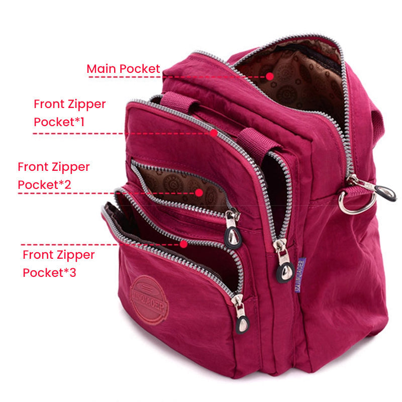 Front view of the new unisex water-resistant crossbody bag, emphasizing its sleek design and practical pockets.