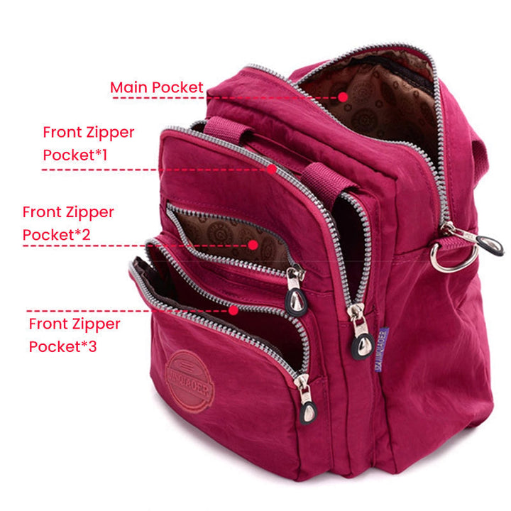 Front view of the new unisex water-resistant crossbody bag, emphasizing its sleek design and practical pockets.