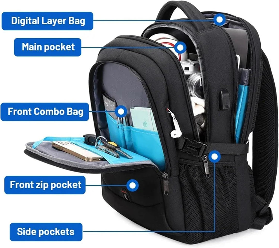 Durable water-resistant travel backpack, perfect for laptops & organized storage. Unisex commuter bag.