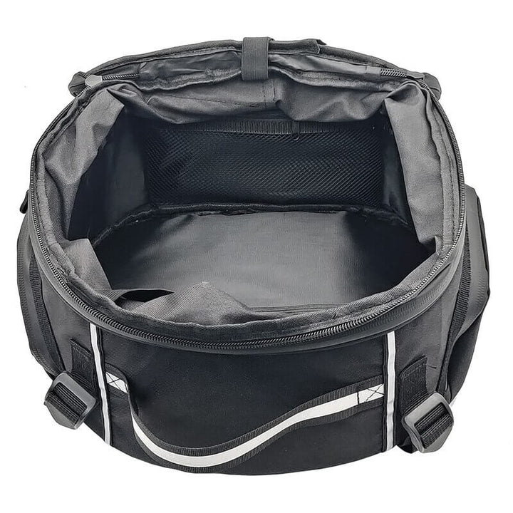 Durable motorcycle gear bag for riders. Water-resistant multi-compartment travel luggage for biking essentials.
