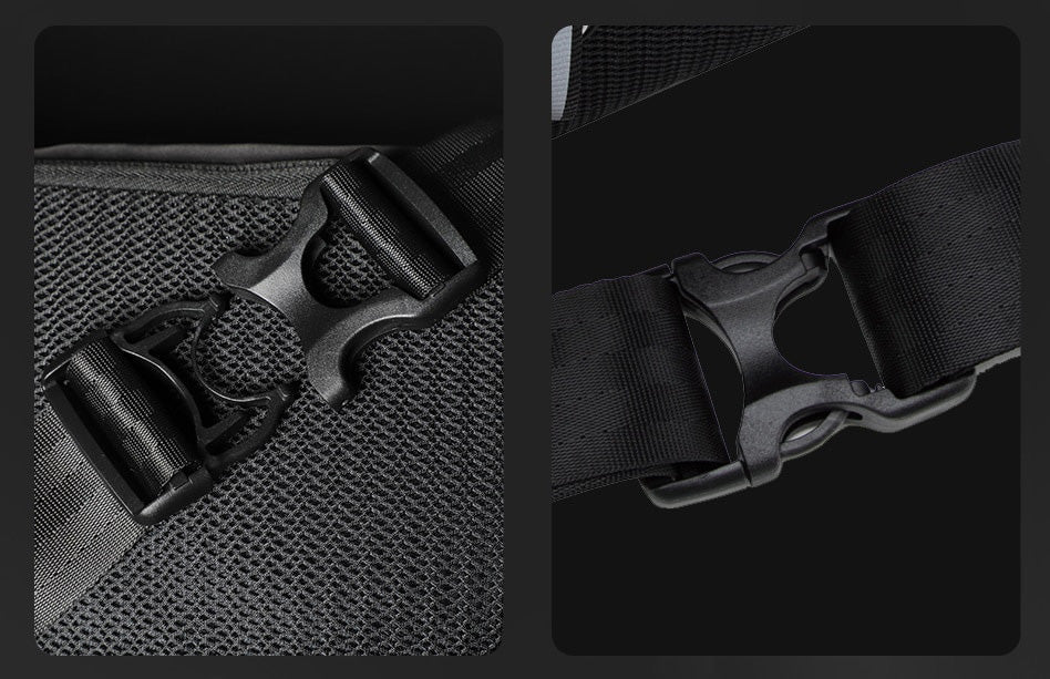 Close-up of the robust zipper & water-resistant fabric of a multi-pocket travel waist bag. Quality accessory.