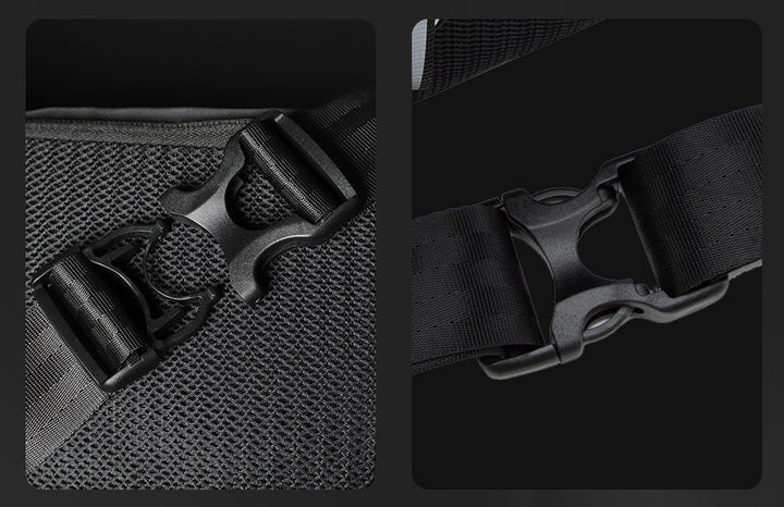 Close-up of the robust zipper & water-resistant fabric of a multi-pocket travel waist bag. Quality accessory.