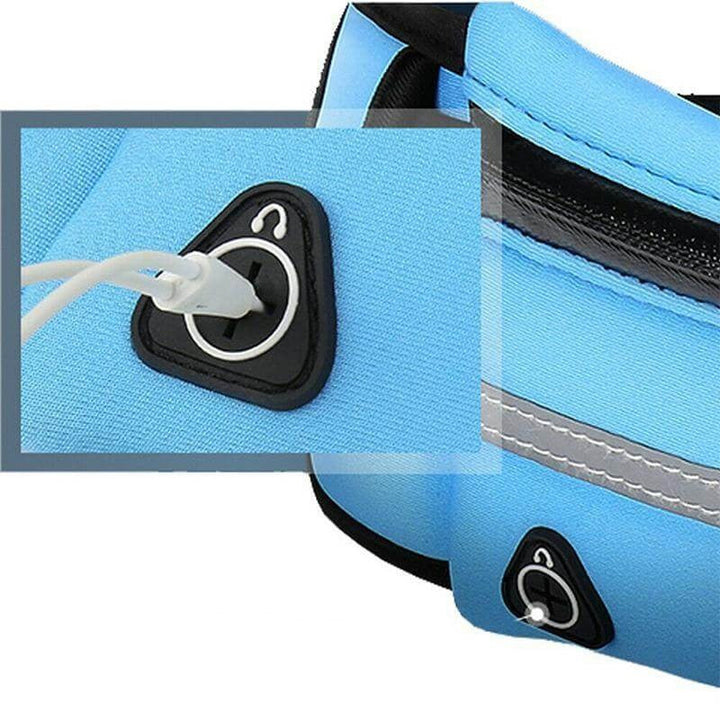 Close-up: Water-resistant running belt detail, featuring secure phone holder & durable fabric.