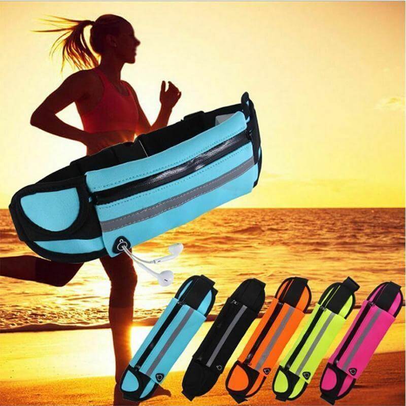Running belt with secure phone holder, water-resistant, ideal for jogging, exercise, active wear.