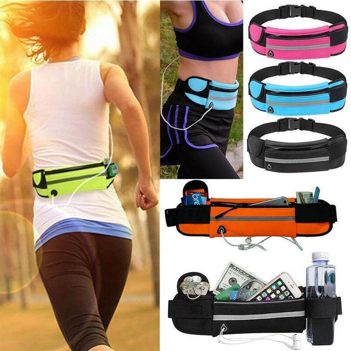 Active wear running belt for jogging, exercise, outdoor sports gear. Water-resistant phone holder.