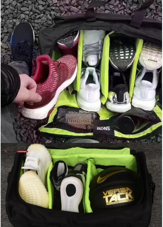 Compact water-resistant sneaker bag. Adjustable dividers keep shoes, clothes, & gear tidy.