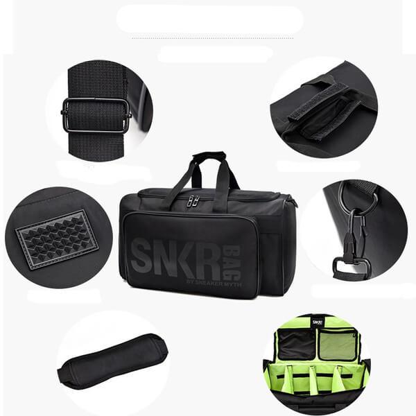 Practical water-resistant duffel for sneakers, gym wear, and sports gear. Adjustable dividers.