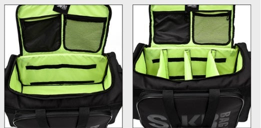 Spacious water-resistant travel bag. Adjustable dividers for shoes, clothes, and various gear.