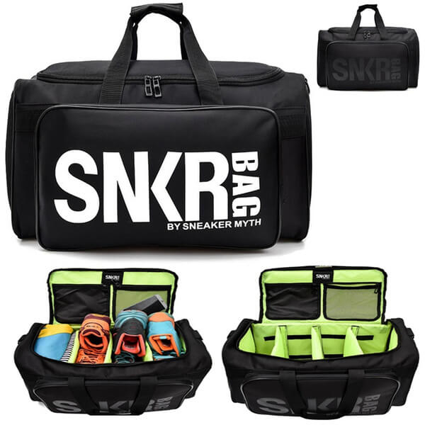 Stylish unisex sneaker travel bag, water-resistant with adjustable dividers for shoes & accessories.