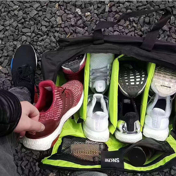 Portable water-resistant sneaker & gym bag. Adjustable compartments keep shoes & gear organized.