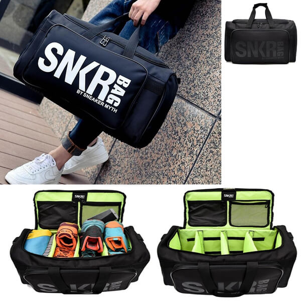 Travel-friendly water-resistant shoe bag with adjustable dividers for efficient sneaker & gear storage.