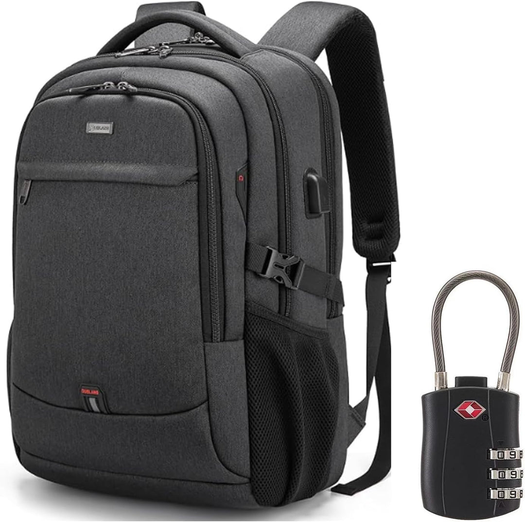 Unisex water-resistant travel laptop backpack with USB port for charging.