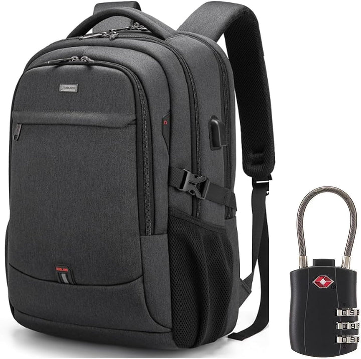 Unisex water-resistant travel laptop backpack with USB port for charging.