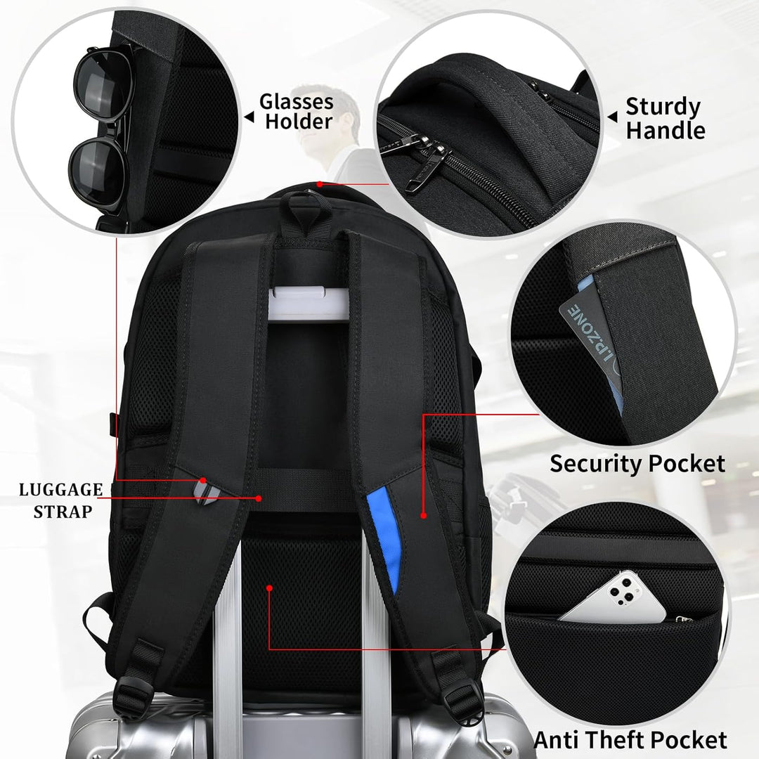 Spacious organized laptop backpack for men, ideal for flights and weekend trips.