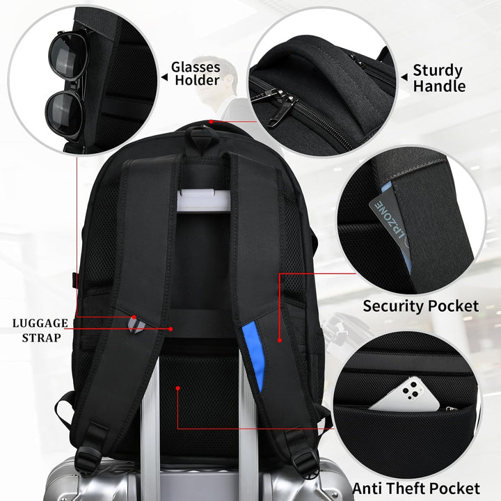 Spacious organized laptop backpack for men, ideal for flights and weekend trips.