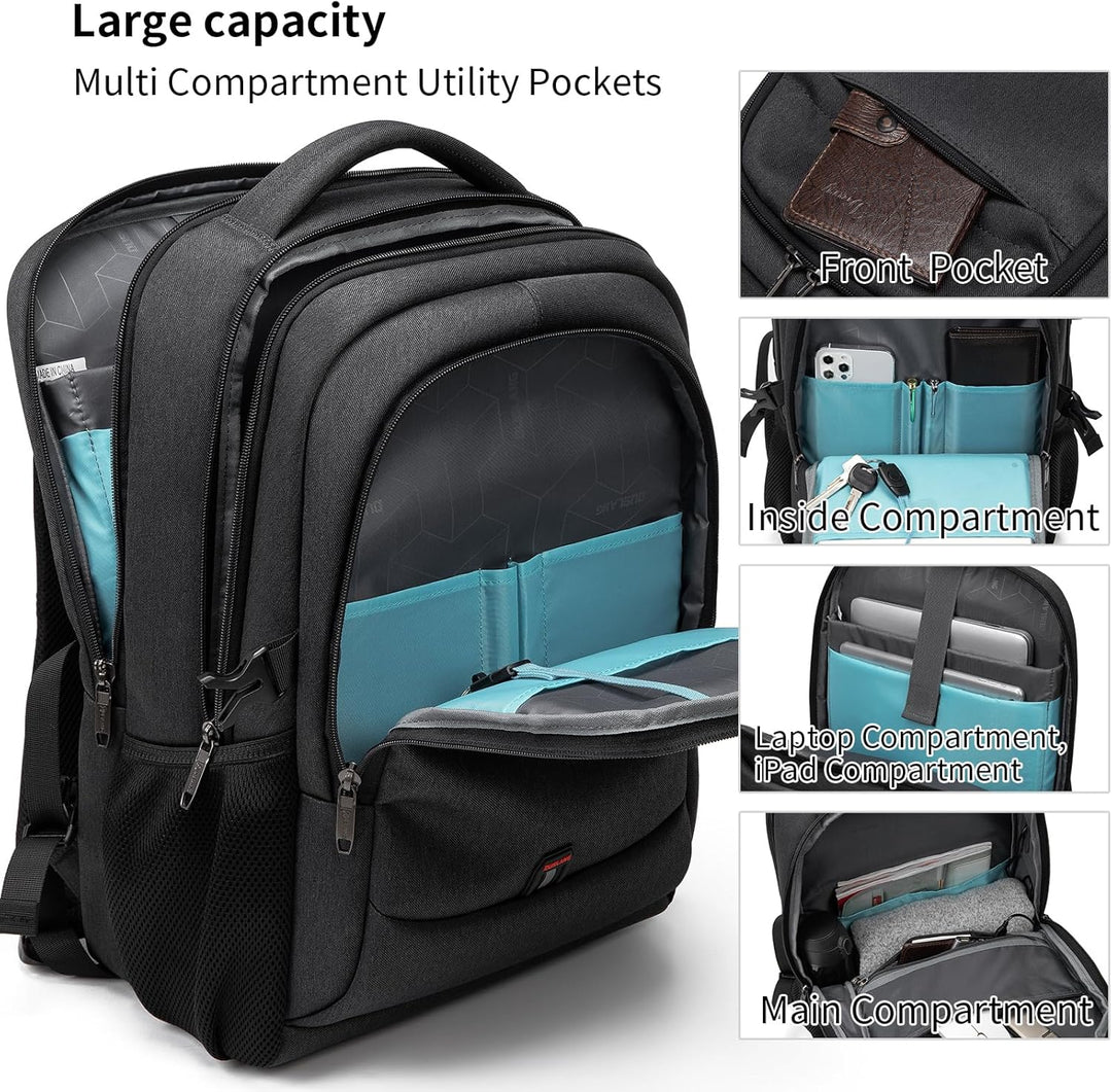 Front pocket detail of an anti-theft travel laptop backpack for quick access items.
