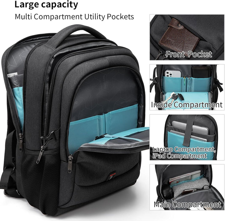 Front pocket detail of an anti-theft travel laptop backpack for quick access items.