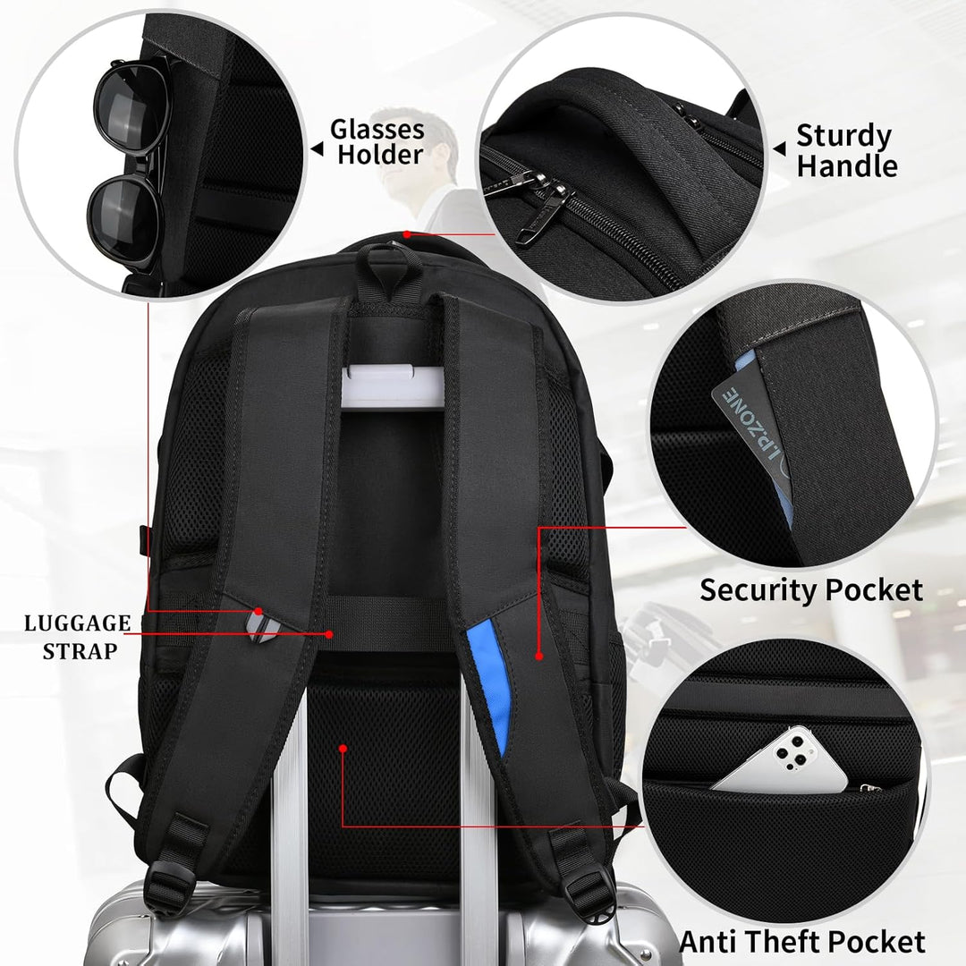 Side view: water-resistant fabric of a unisex travel and laptop backpack's exterior.