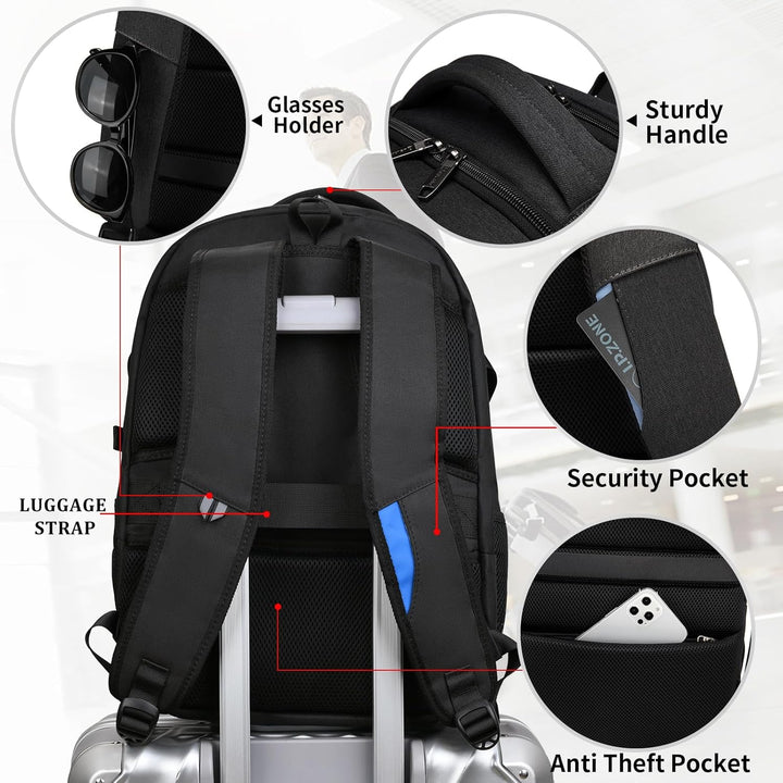 Side view: water-resistant fabric of a unisex travel and laptop backpack's exterior.