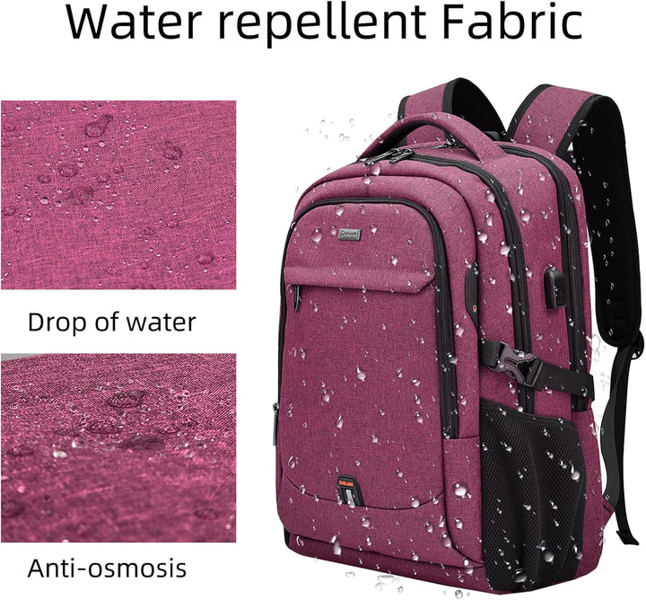 Padded shoulder straps and back panel of a comfortable travel backpack for support.