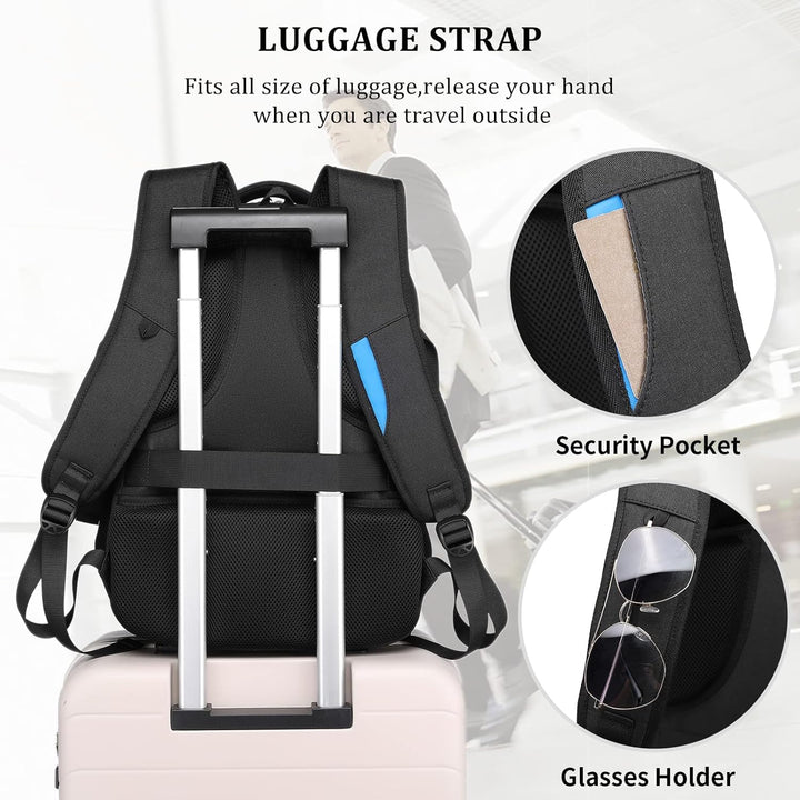 Business travel friendly backpack, easily attaches to luggage handles for convenience.