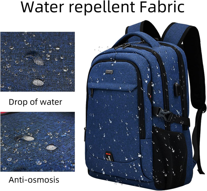 Men's business travel backpack with luggage strap & padded laptop compartment.