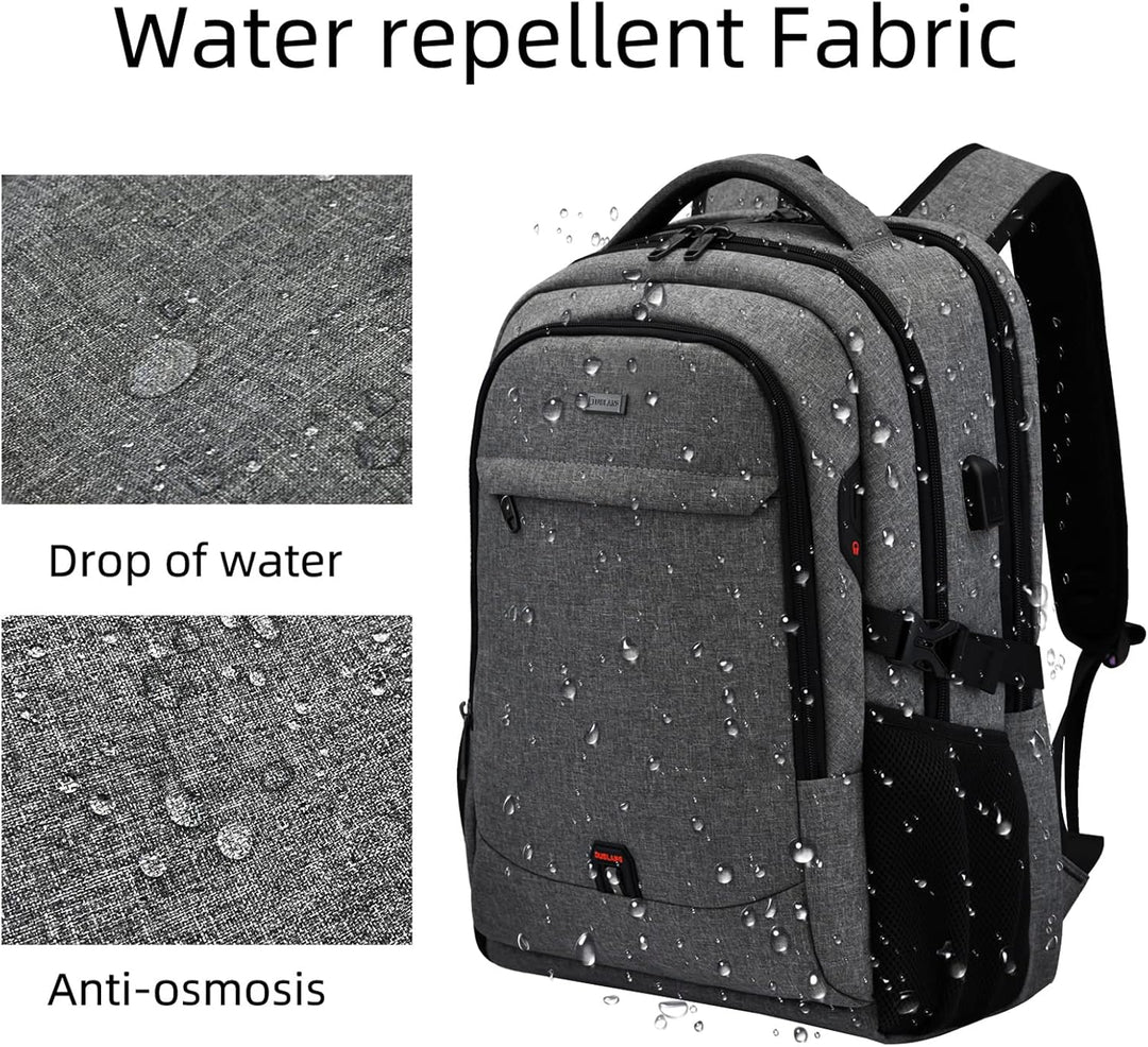 Water-resistant material of a robust travel backpack, built to last for years.