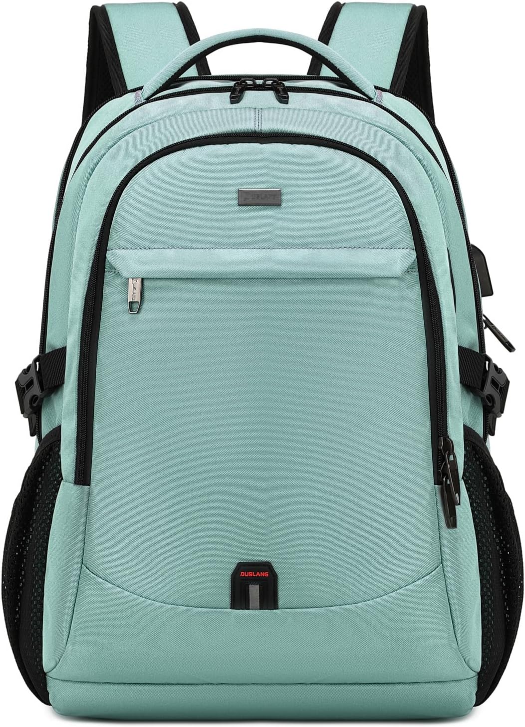 Close-up of the USB charging port on a unisex travel laptop backpack for convenience.
