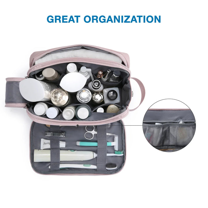 Open unisex travel toiletry bag revealing multiple zip compartments for organized storage of essentials.