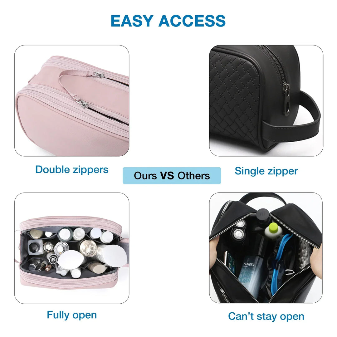 Compact unisex travel organizer bag packed with toiletries, ready for travel. Water-resistant & portable.