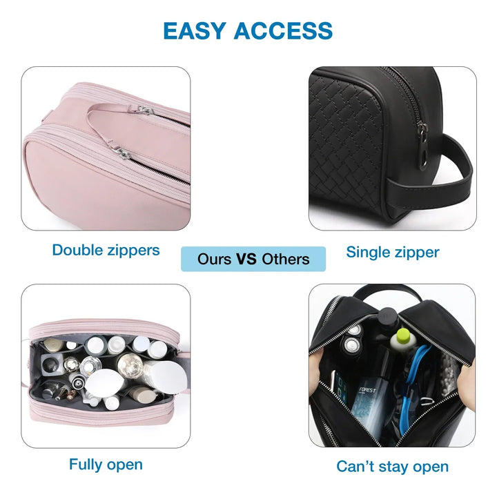 Compact unisex travel organizer bag packed with toiletries, ready for travel. Water-resistant & portable.