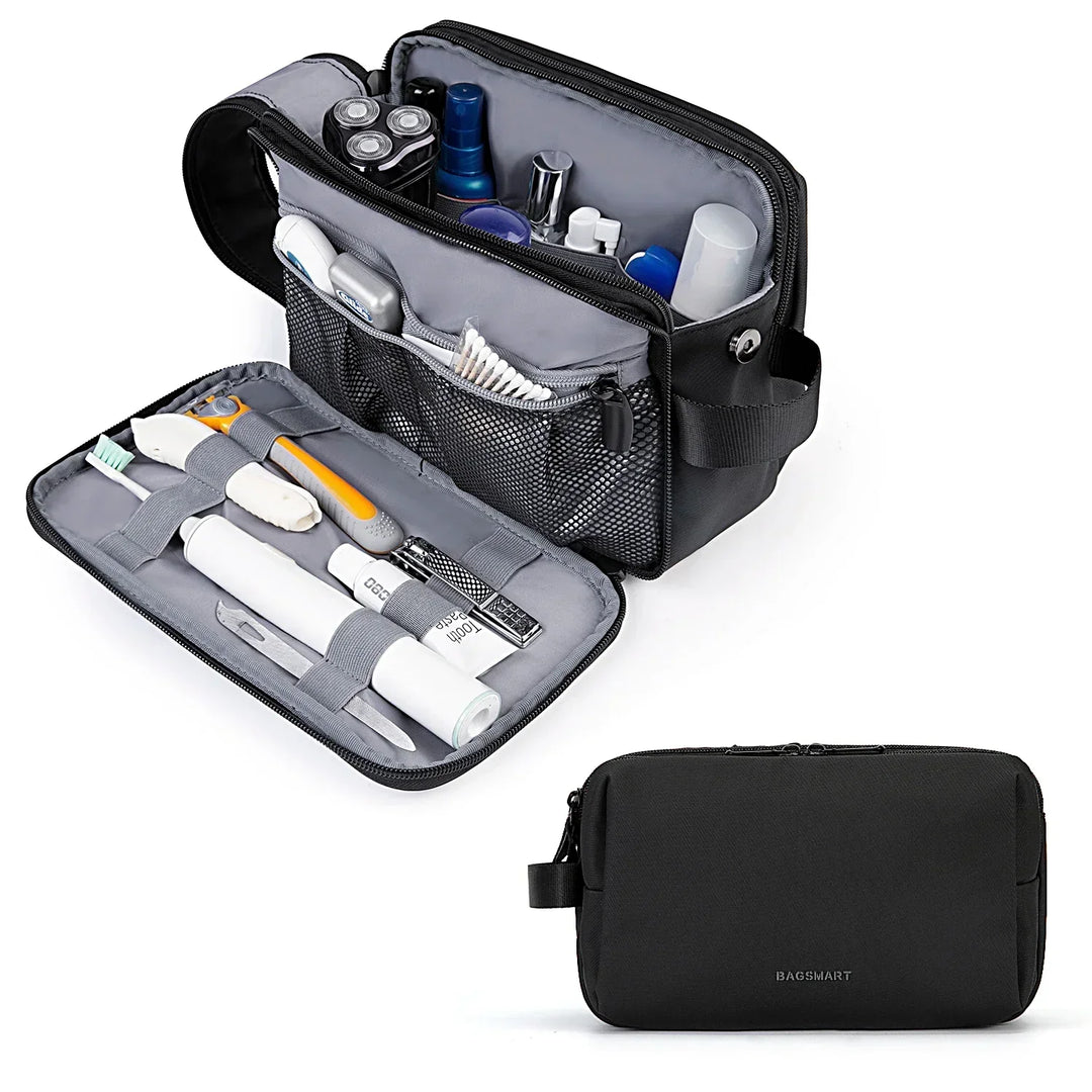 Close-up of the water-resistant fabric of a durable unisex travel toiletry bag, protecting contents.