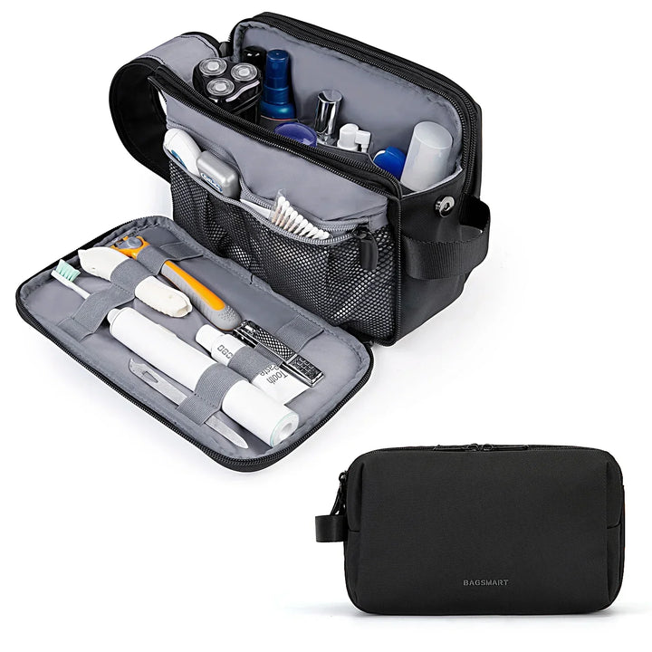 Close-up of the water-resistant fabric of a durable unisex travel toiletry bag, protecting contents.
