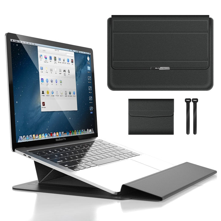 Sleek, durable unisex laptop sleeve, waterproof & shockproof, featuring organized compartments for essentials.